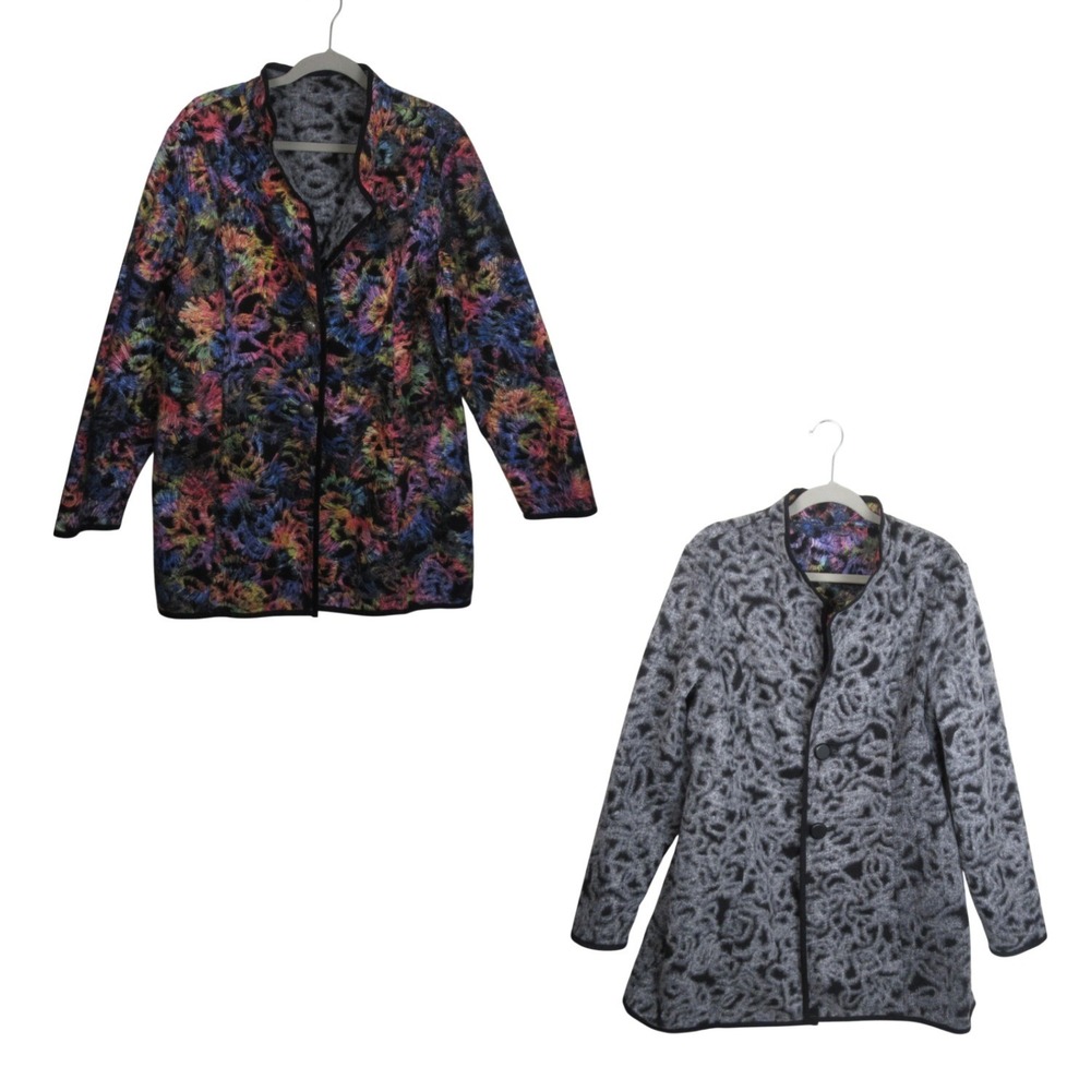 Trimdin Reversible Fuzzy Jacket Med Colorful Abstract Artsy‎ Button Front